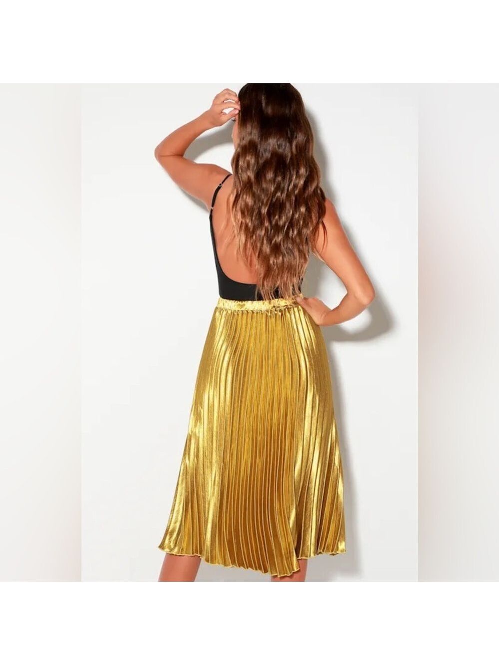 Lulus Pretty Pleats Gold Metallic Pleated Midi Skirt Size Small - Picture 2 of 13
